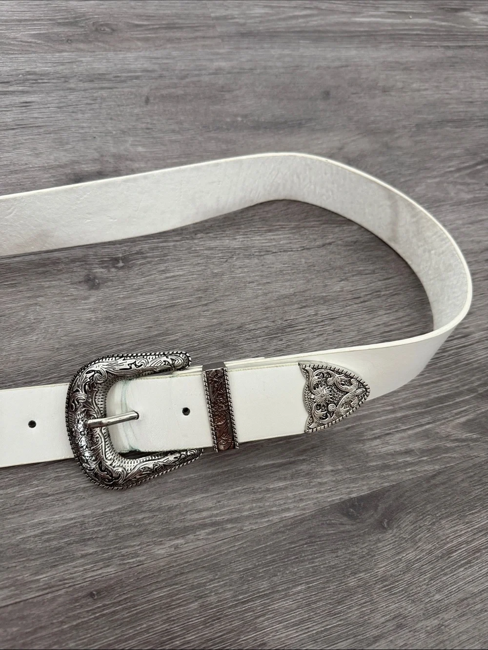 Double Buckle White Western Belt with Engraved Silver Hardware